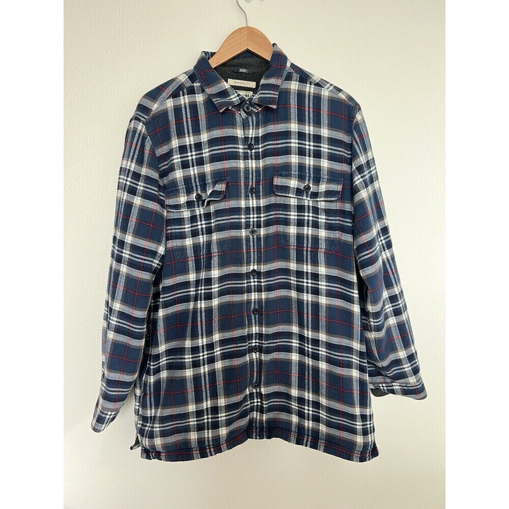 LL Bean Sherpa Fleece Lined Flannel Shirt Jacket Shacket Button Up Plaid Mens L
